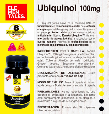 Novadiet - ELEMENTALES UBIQUINOL 100 MG Càpsulas con Kaneka Ubiquinol - Complemento Alimenticio Potente Antioxidante - Apoyo Cardiovascular, Oral, Neuronal y Renal - 30 Cápsulas Blandas Vegetales
