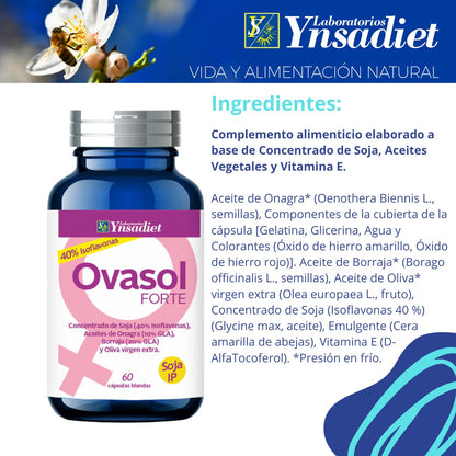 Ovasol Forte 60 cápsulas | Isoflavonas de Soja 40% | Aceite de Onagra, Borraja y Oliva Virgen Extra | Con Vitamina E | Complemento alimenticio para el bienestar femenino