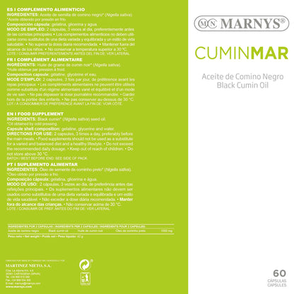 Cuminmar MARNYS, Aceite de Comino Negro Cápsulas, Para las Molestias Respiratorias y alergias en Primavera, 60 Cápsulas