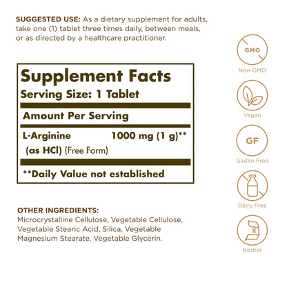 Solgar L-Arginina Comprimidos de 1000 mg, Envase de 90