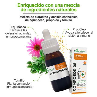 Soria Natural Composor 8 - Equinácea, Propóleo y Tomillo - Aumenta tus Defensas, Refuerza el Sistema Inmune - Prevención y Alivio de Resfriados -100% Natural -