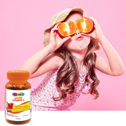 PEDIAKID - Gummies Vitamina C - Fórmula Natural con Delicioso Aroma de Cereza - Ayuda a Reducir la Fatiga - Refuerza el Metabolismo Energético y las Defensas del Organismo - 60 gominolas