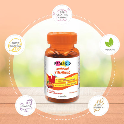 PEDIAKID - Gummies Vitamina C - Fórmula Natural con Delicioso Aroma de Cereza - Ayuda a Reducir la Fatiga - Refuerza el Metabolismo Energético y las Defensas del Organismo - 60 gominolas