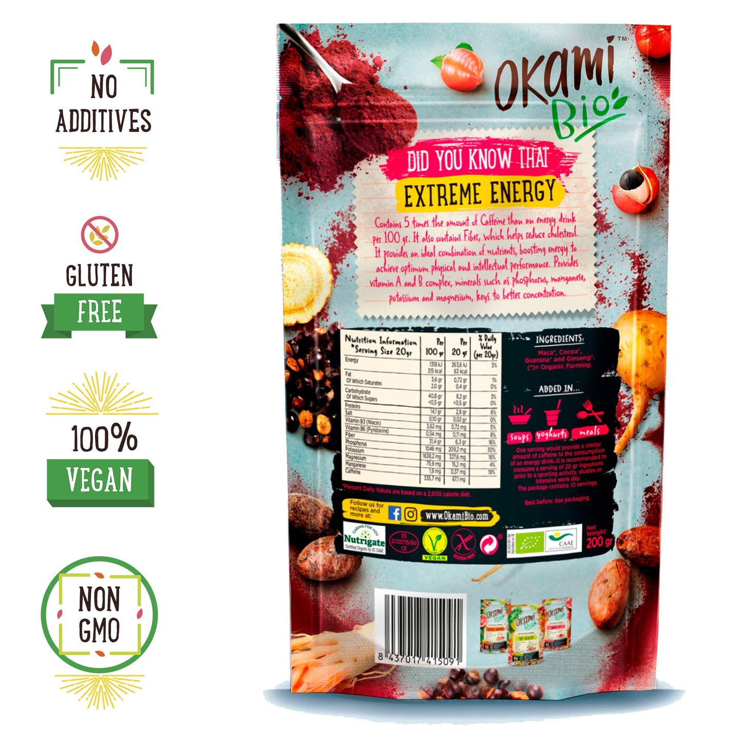 Okami Bio "Extreme Energy" Superfood Powder Mix 200 gr | Mezcla Vegana Orgánica de Maca, Cacao, Guaraná y Jengibre | Te da el mismo impulso que una bebida energética, pero 100% natural.