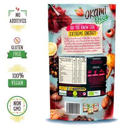 Okami Bio "Extreme Energy" Superfood Powder Mix 200 gr | Mezcla Vegana Orgánica de Maca, Cacao, Guaraná y Jengibre | Te da el mismo impulso que una bebida energética, pero 100% natural.