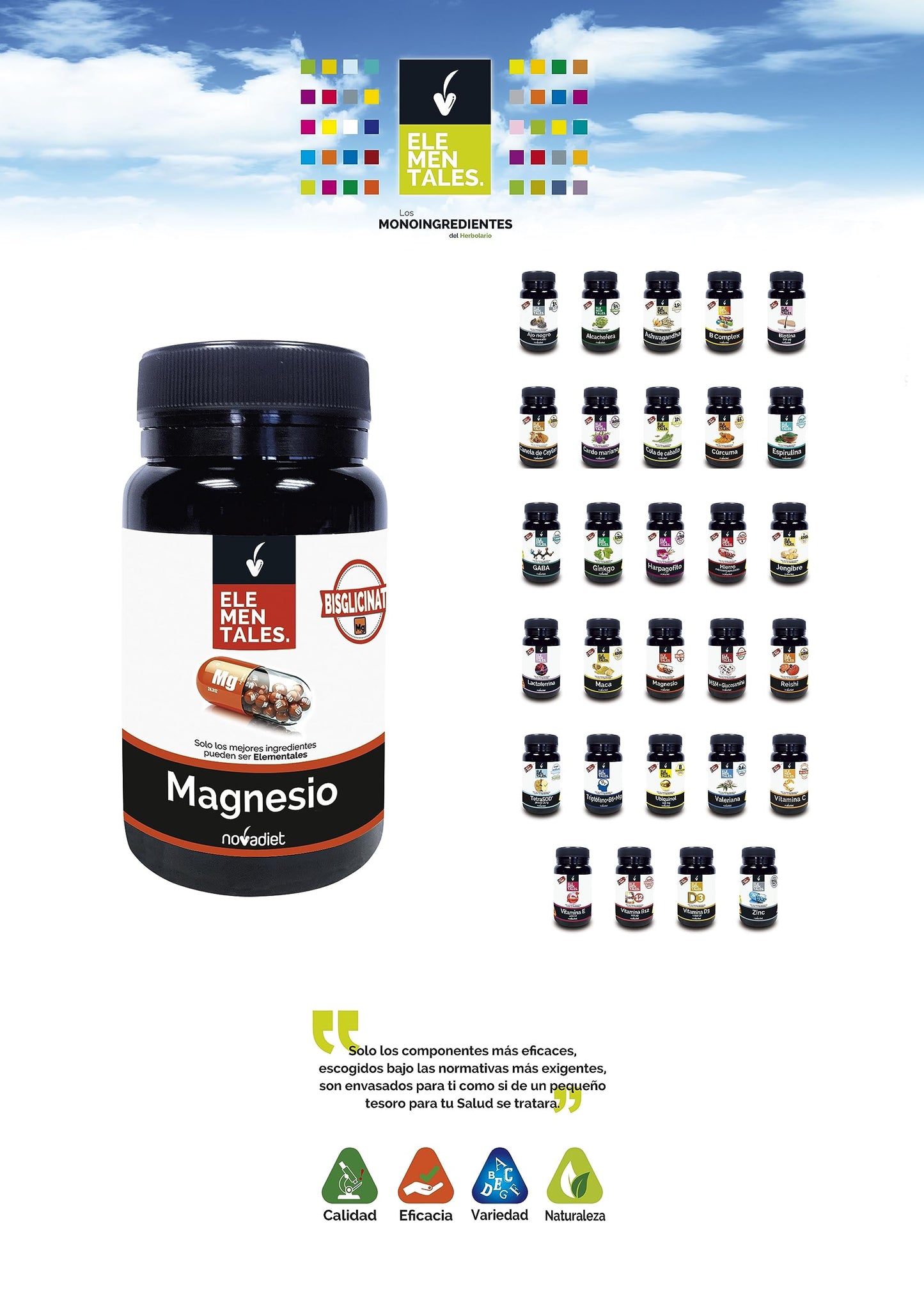 Novadiet - ELEMENTALES MAGNESIO Comprimidos con Bisglicinato de Magnesio - Complemento Alimenticio - Ayuda a Fortalecer Huesos y Músculos - Envase con 90 Comprimidos