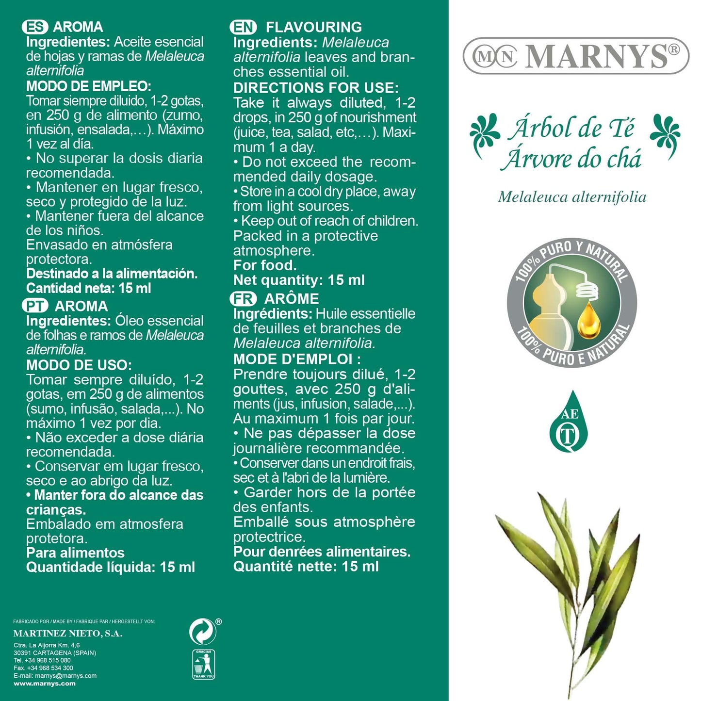Marnys Aceite Esencial de Árbol de Té 15 ml - 100% Puro y Natural - Toque refrescante y un Aroma Relajante - Botella 15 ml 0