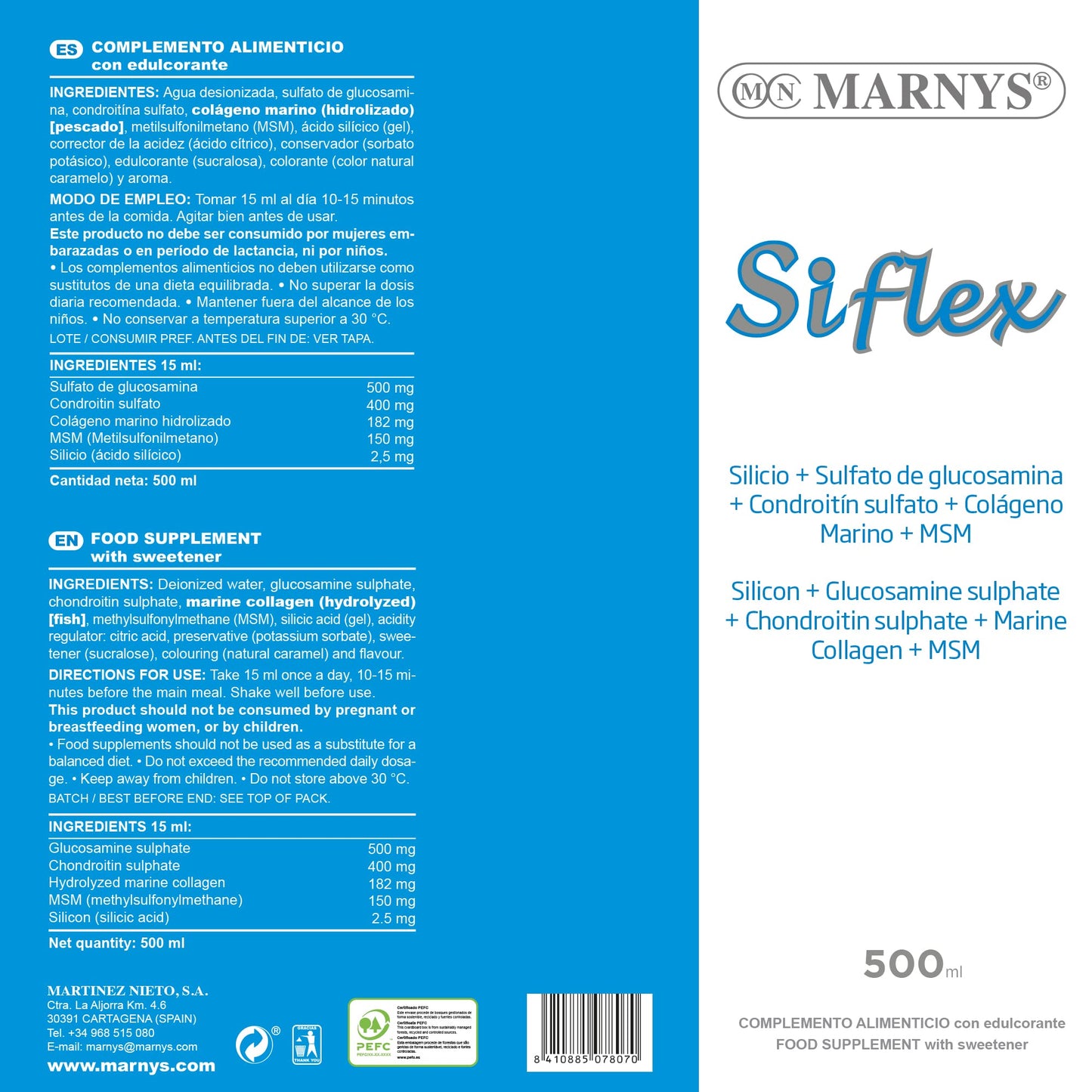 Marny's Siflex Silicio Biodisponible, Colágeno Marino y MSM 500ml