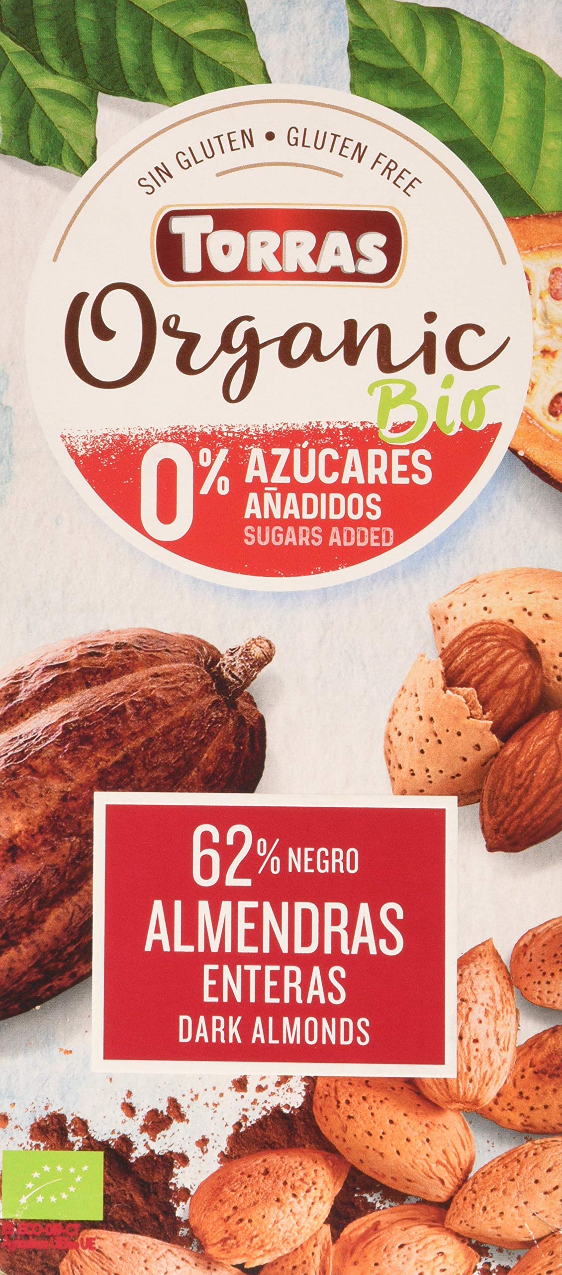 Torras - Chocolate Negro con Almendras - Producto Natural - 62% de Cacao - Sin Azúcares Añadidos - Almendras Enteras - Fuente de Energía - Sin Gluten - Apto para Veganos - 200 g