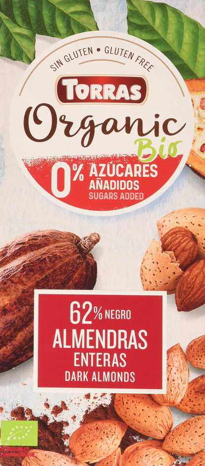 Torras - Chocolate Negro con Almendras - Producto Natural - 62% de Cacao - Sin Azúcares Añadidos - Almendras Enteras - Fuente de Energía - Sin Gluten - Apto para Veganos - 200 g