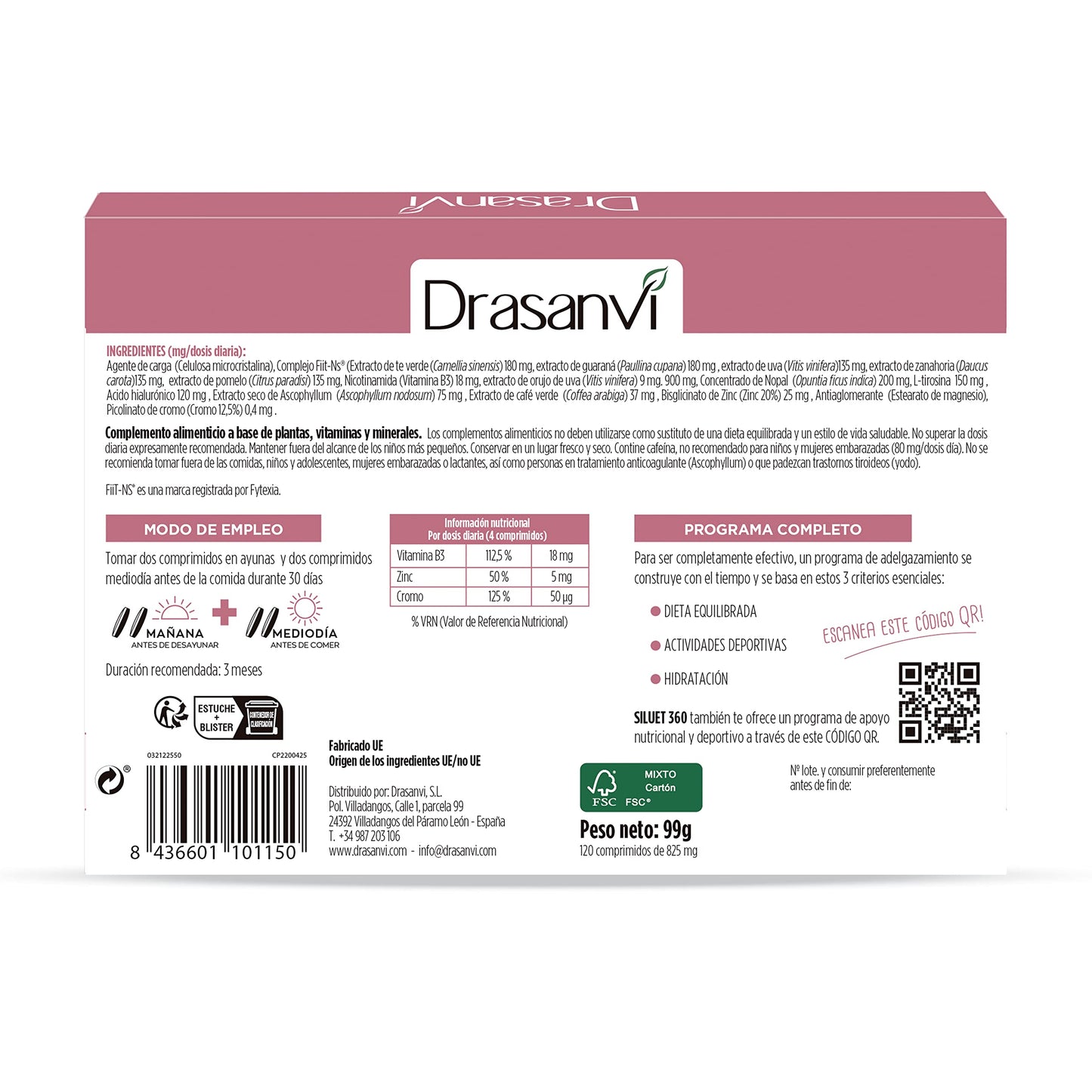 Drasanvi SILUET 360 - Programa completo - Fiit-ns® + Nopal + Picolinato de Cromo + Ácido hialurónico - Ayuda en el control de la pérdida de peso - 120 comprimidos, 1