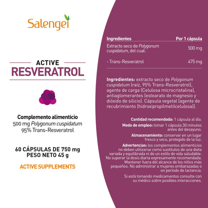 ACTIVE RESVERATROL - Trans Resveratrol 95%. MAXIMA PUREZA, RESVERATROL DE FUENTE NATURAL | Antioxidante | Propiedades anti edad | Polygonum cuspidatum |60 cápsulas de 500 mg |