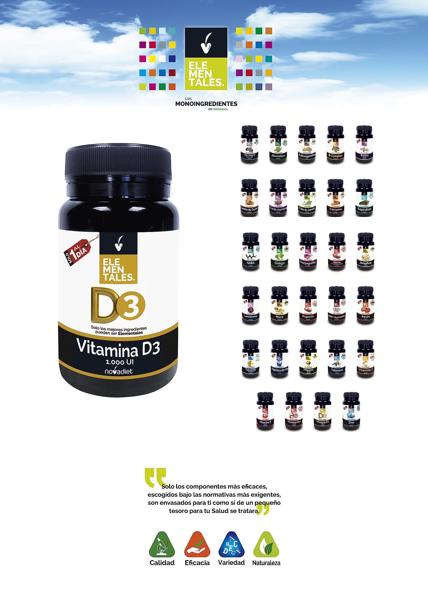 Novadiet - ELEMENTALES VITAMINA D3 Comprimidos con Vitamina D - Para la Salud Ósea y Dental - Promueve el Bienestar General - Refuerza el Sistema Inmunológico - 120 Comprimidos