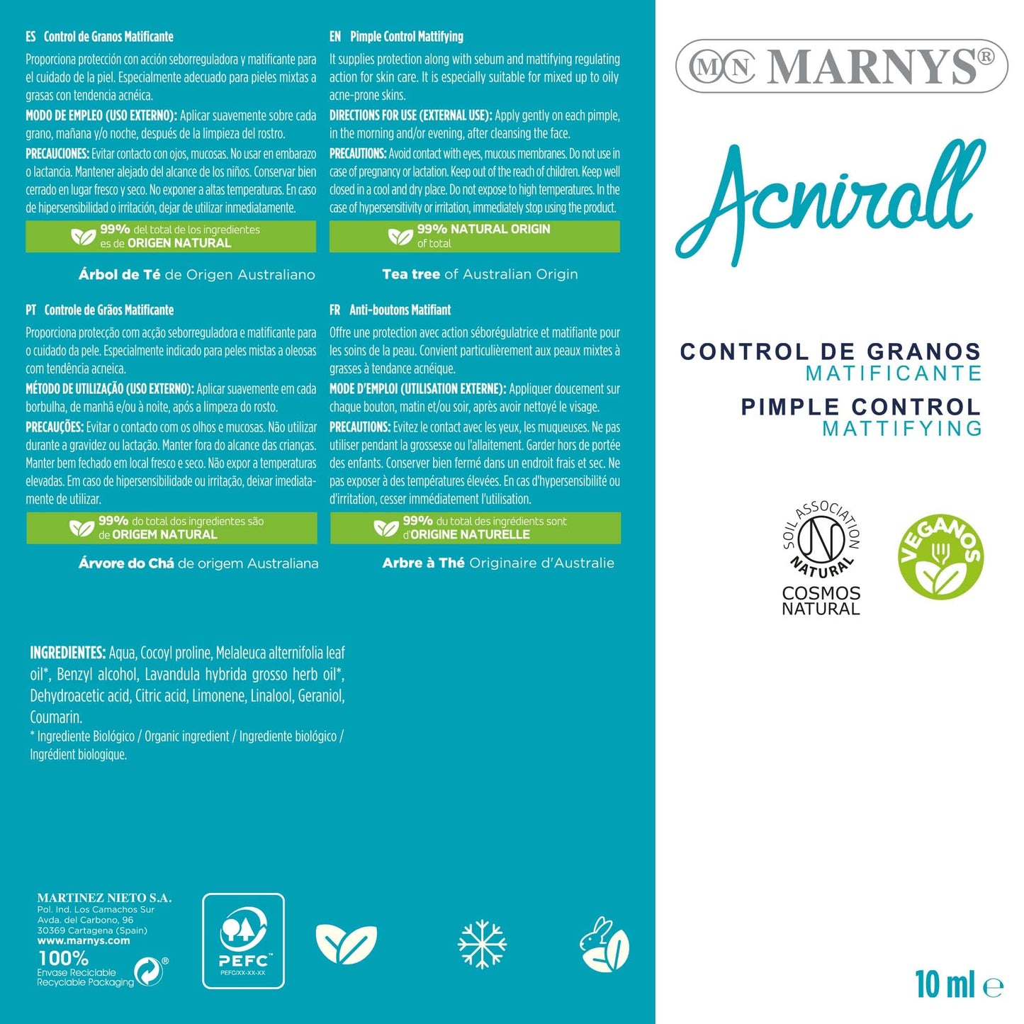 Marnys Acniroll - Roll-On 10Ml Control de Granos Matificante Bio - Ingredientes Naturales y Bio - Efecto Seborregulador e Higienizante En Pieles con Tendencia Acnéica - Made In Spain 50 g