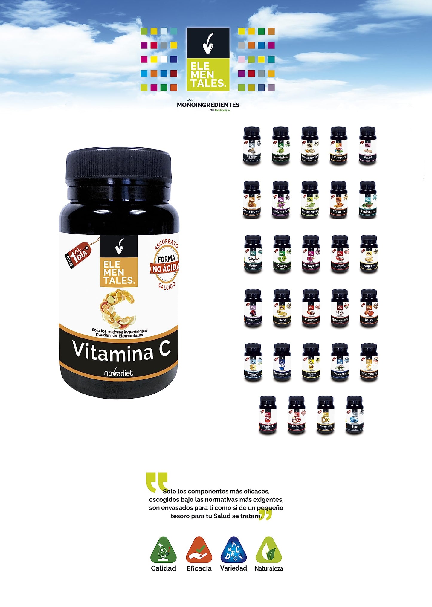 Novadiet - ELEMENTALES VITAMINA C con Vitamina C - Para Reforzar el Sistema Inmune, Proteger las Células y Promover la Salud - Antioxidante Natural - Apoya la Formación de Colágeno - 30 Comprimidos