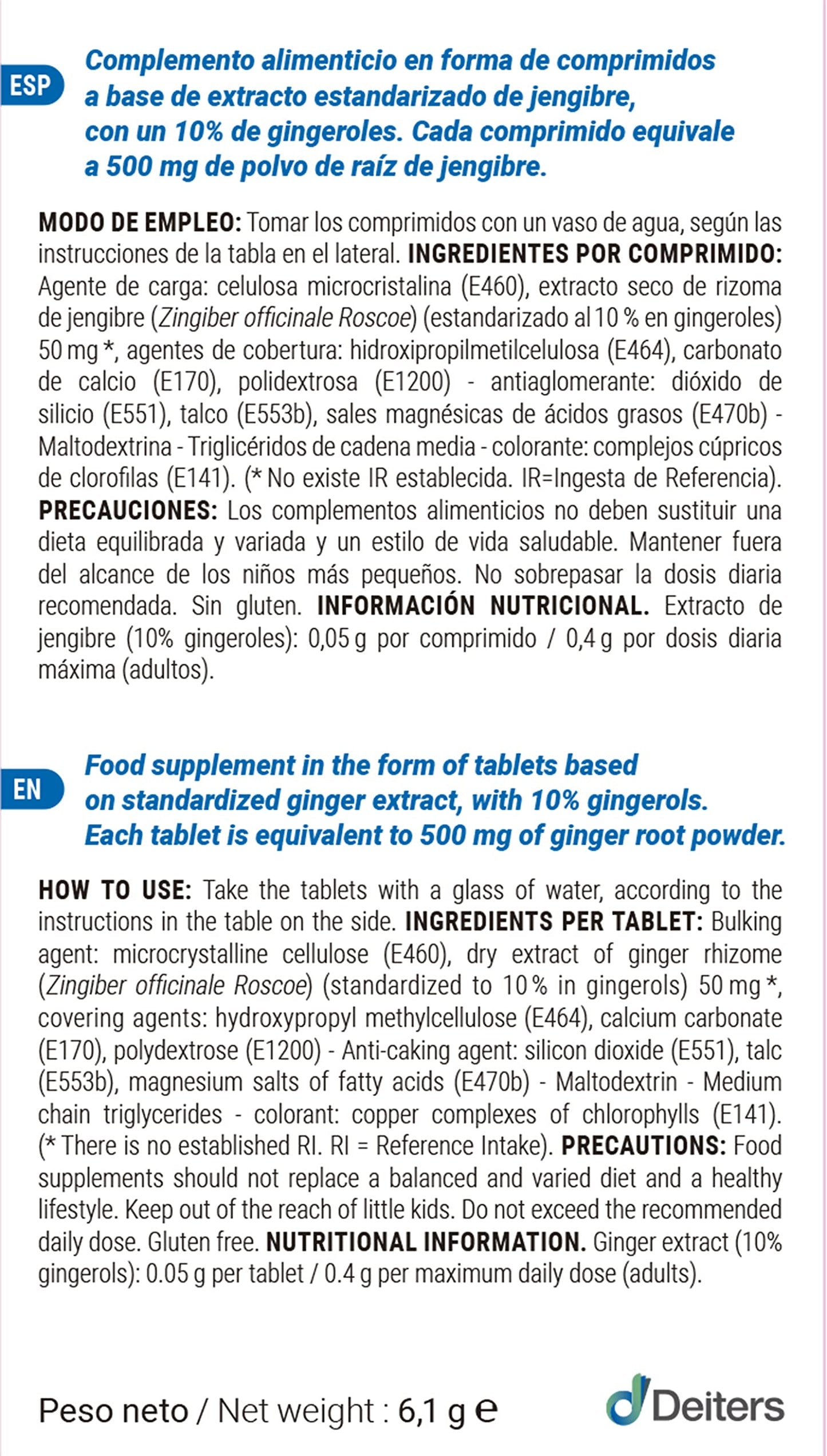 DEITERS - Nauserina Jengibre en 30 Cápsulas, Complemento Alimenticio, Pastillas para Embarazadas, Anti-mareo, Digestivas