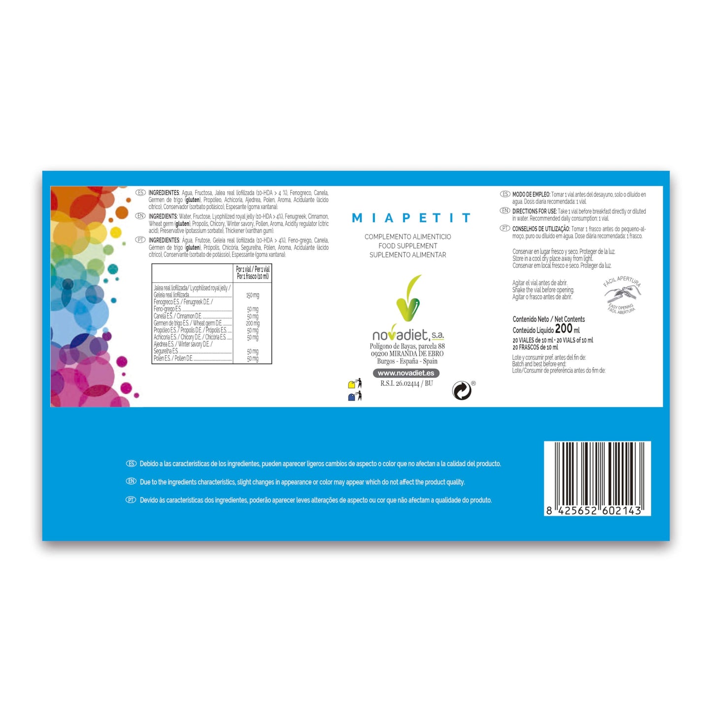 Novadiet - MIAPETIT Viales con Jalea Real, Fenogreco, Canela, Germen de Trigo, Propóleo, Achicoria, Ajedrea y Polen - Apoyo para Disminuir Cansancio y Aumentar el Apetito - 20 Viales de 10 ml