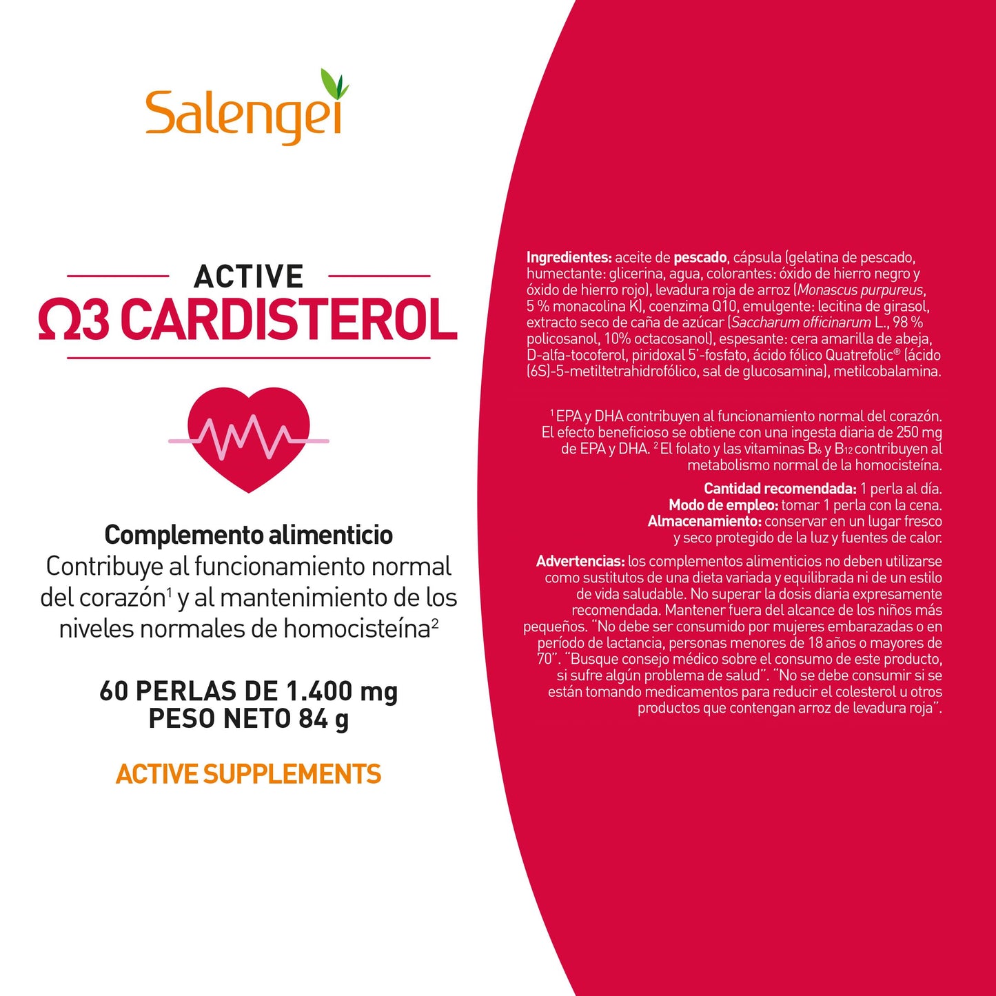 ACTIVE CARDISTEROL – Contribuye al funcionamiento del corazón y al mantenimiento de los niveles de homocistenia | Policosanol | Coenzima Q10 | Aceite de pescado | 60 perlas de 1400 mg |