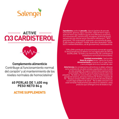 ACTIVE CARDISTEROL – Contribuye al funcionamiento del corazón y al mantenimiento de los niveles de homocistenia | Policosanol | Coenzima Q10 | Aceite de pescado | 60 perlas de 1400 mg |