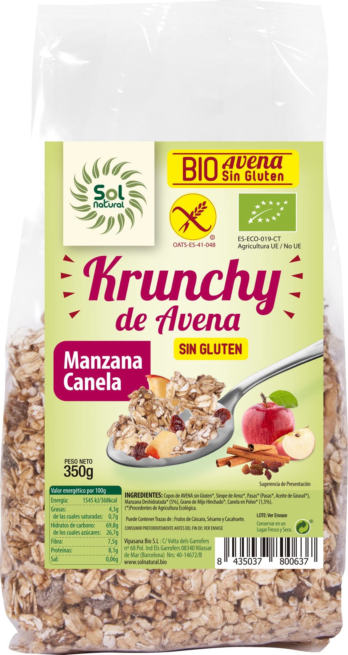 SOLNATURAL KRUNCHY Avena S/G Manzana-Canela 350 g, Estándar, Único