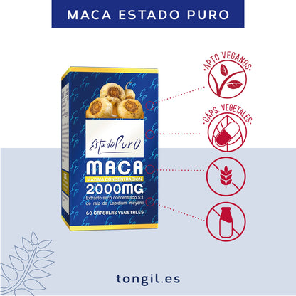 Maca Andina Estado Puro 2000mg | Extracto Nativo 5:1 Macatonic™ de Producción Sostenible | Energía Mantenida y Vigorizante Natural | Apto Veganos | 60 Cápsulas de Tongil