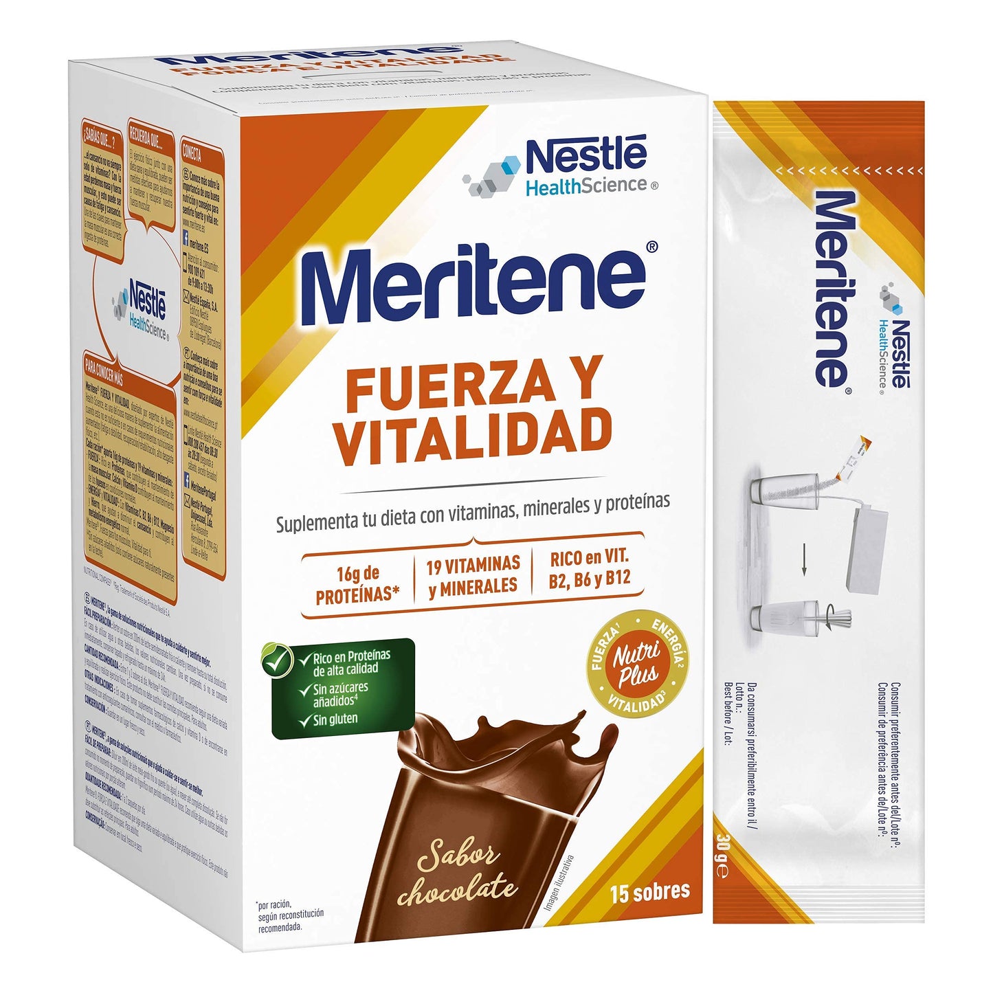 Meritene® FUERZA Y VITALIDAD - Suplementa tu nutrición y mantén tu sistema inmune con vitaminas, minerales y proteínas - Batido de Chocolate - 2 Packs de 15 sobres de 30g