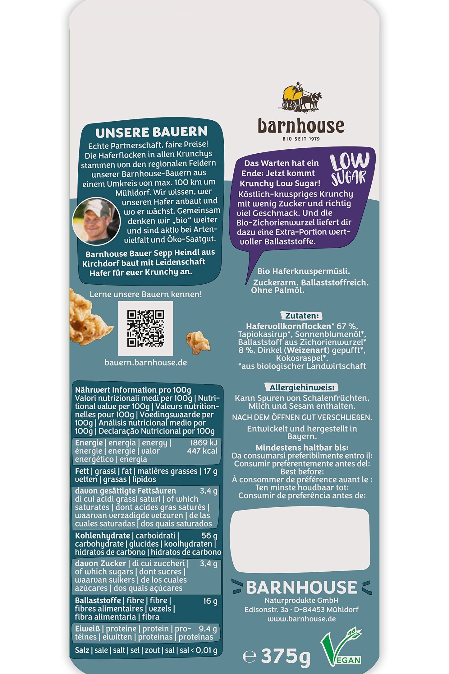 MUESLI KRUNCHY LOW SUGAR avena 375gr.BIO VEGAN
