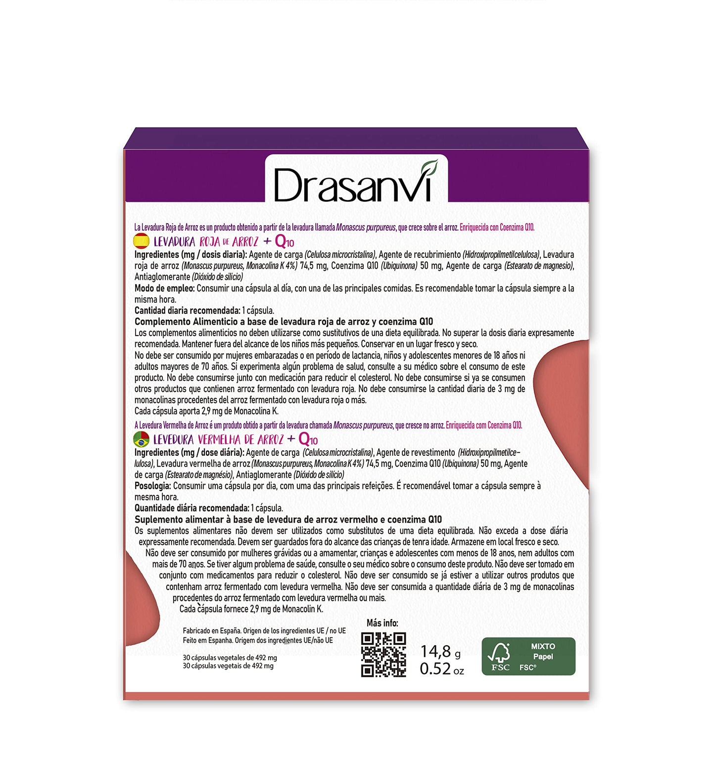 DRASANVI Levadura Roja de Arroz con Coenzima Q10 | 2,9 mg de Monocolina K | Contribuye a Mantener los Niveles Normales de Colesterol | Participa en la Producción de ATP | 30 cáps. = 30 Días