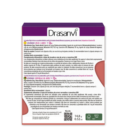 DRASANVI Levadura Roja de Arroz con Coenzima Q10 | 2,9 mg de Monocolina K | Contribuye a Mantener los Niveles Normales de Colesterol | Participa en la Producción de ATP | 30 cáps. = 30 Días