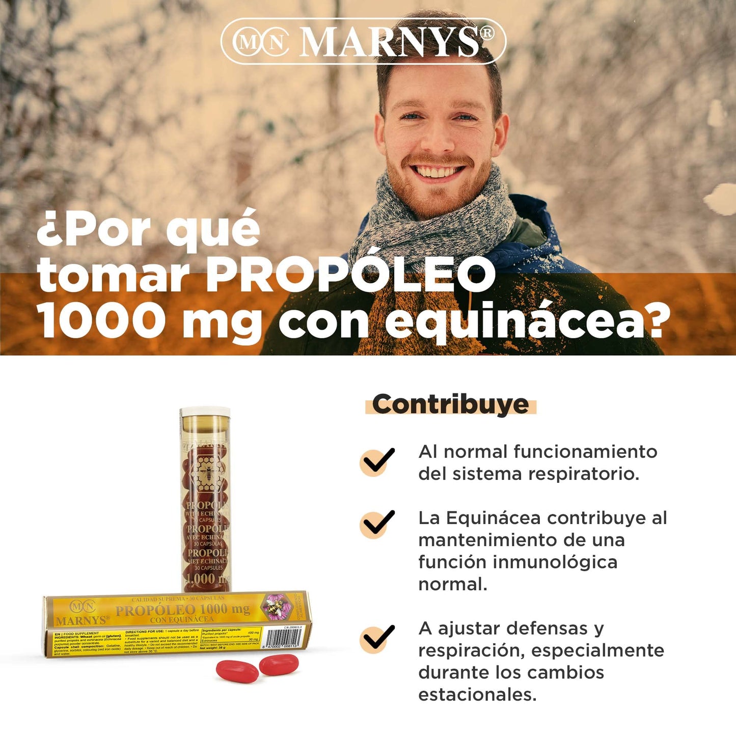Propóleo con Equinácea MARNYS, Defensas y Respiración Durante los cambios Estacionales, Propóleo 1000 Mg, 30 Cápsulas