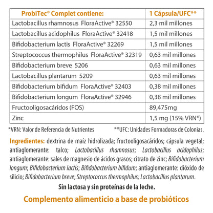ProbiTec Complet - 30 Cápsulas - Combinación de 8 Cepas de Probióticos, FOS y Zinc - Ayuda a Reforzar las Defensas - Contribuye a Mejorar la Digestión y la Absorción de Nutrientes - 100% Natural