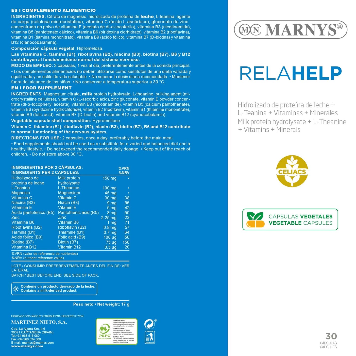 Relahelp - L-Teanina 100mg + HIDROLIZADO PROTEICO + Magnesio+ Zinc Alivio de la Ansiedad y Estrés - 30 cápsulas vegetales