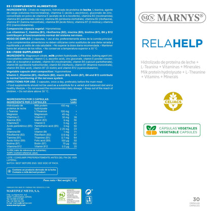 Relahelp - L-Teanina 100mg + HIDROLIZADO PROTEICO + Magnesio+ Zinc Alivio de la Ansiedad y Estrés - 30 cápsulas vegetales