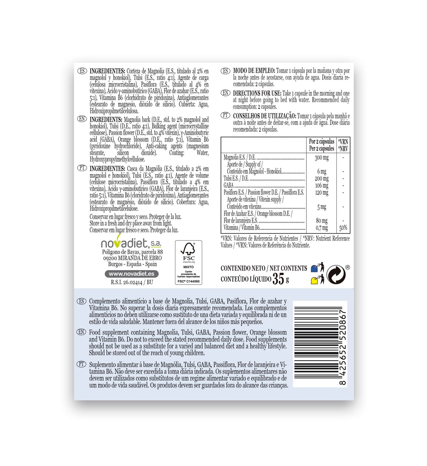 Novadiet - ANSIOLIMIT Cápsulas con Vitamina B6, Magnolia, Tulsi, GABA, Pasiflora, Flor de Azahar, Vitamina B6, Ayuda a Disminuir la Ansiedad, Agobio, Estrés y el Nerviosismo - 60 Cápsulas