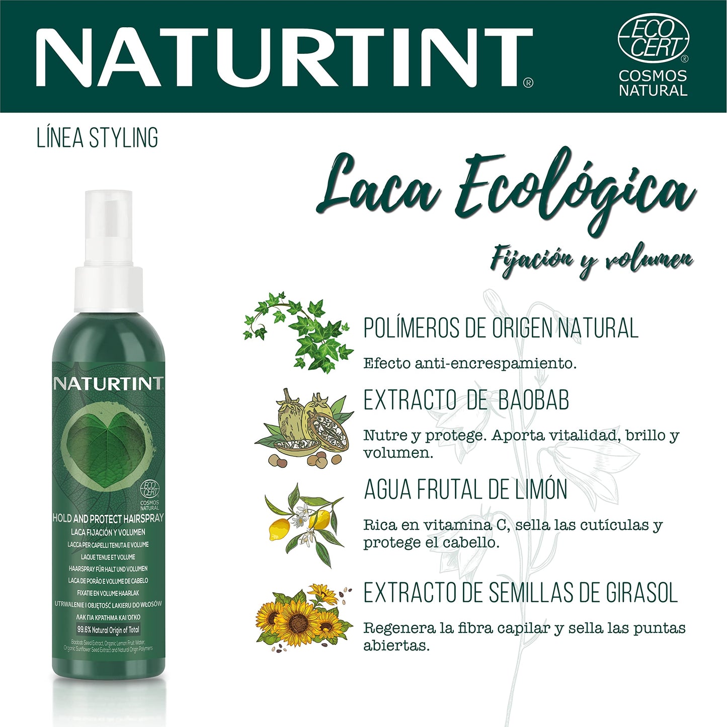 Naturtint Laca Eco Fijación y Volumen, Fija y Aporta Volumen, Efecto Antiencrespamiento, Regenera la Fibra Capilar, Sella las Puntas Abiertas, 99,6% Ingredientes Naturales, ECOCERT, 175ml