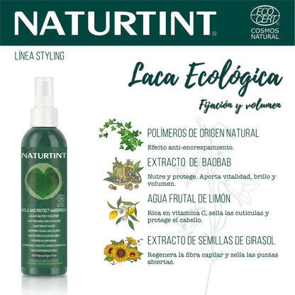 Naturtint Laca Eco Fijación y Volumen, Fija y Aporta Volumen, Efecto Antiencrespamiento, Regenera la Fibra Capilar, Sella las Puntas Abiertas, 99,6% Ingredientes Naturales, ECOCERT, 175ml