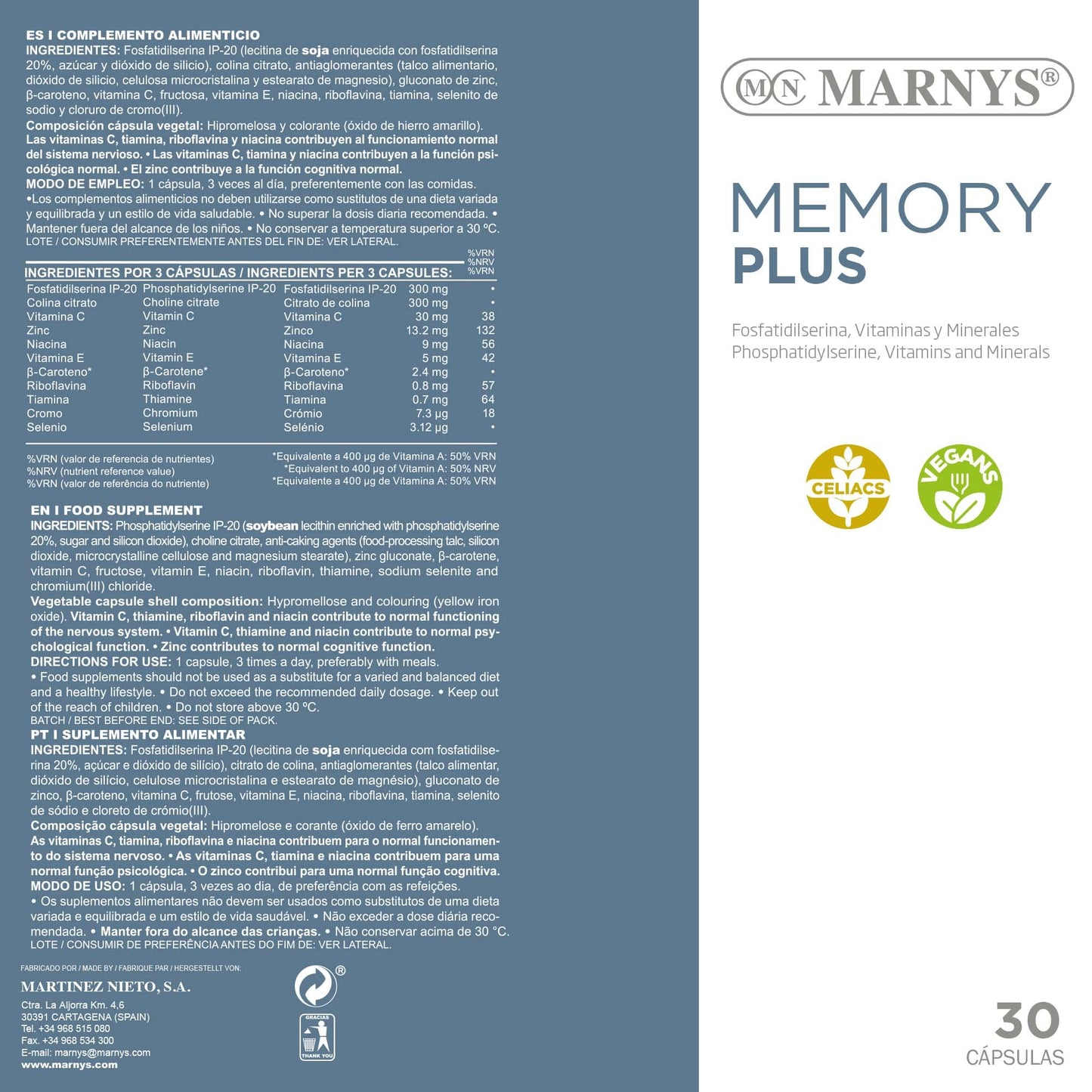Marnys Memory Plus - Memoria Y Concentración Rendimiento Mental - 30 Cápsulas Vegetales