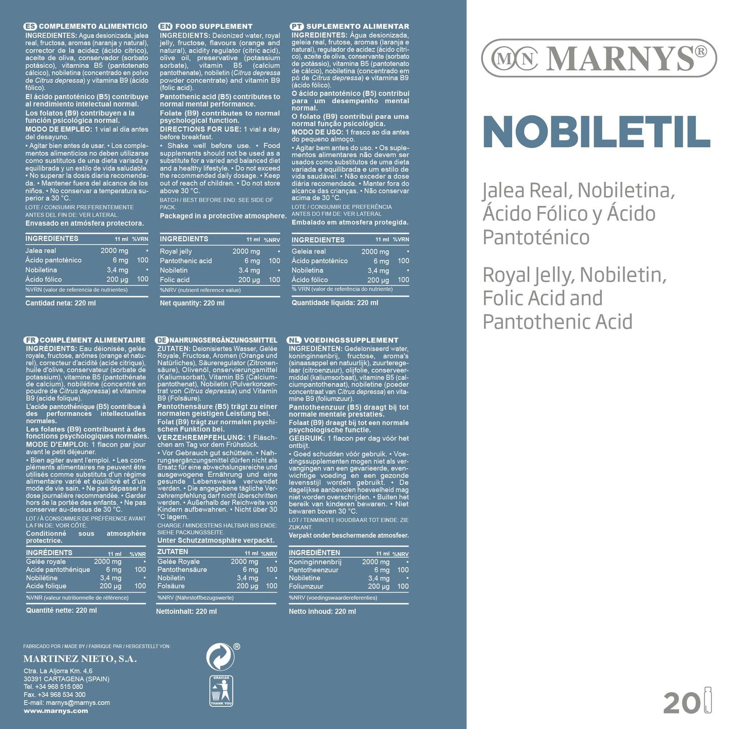 MARNYS Nobiletil Desarrollo Mental con Vitamina B5, B9, Jalea Real, Nobiletina 20 Viales