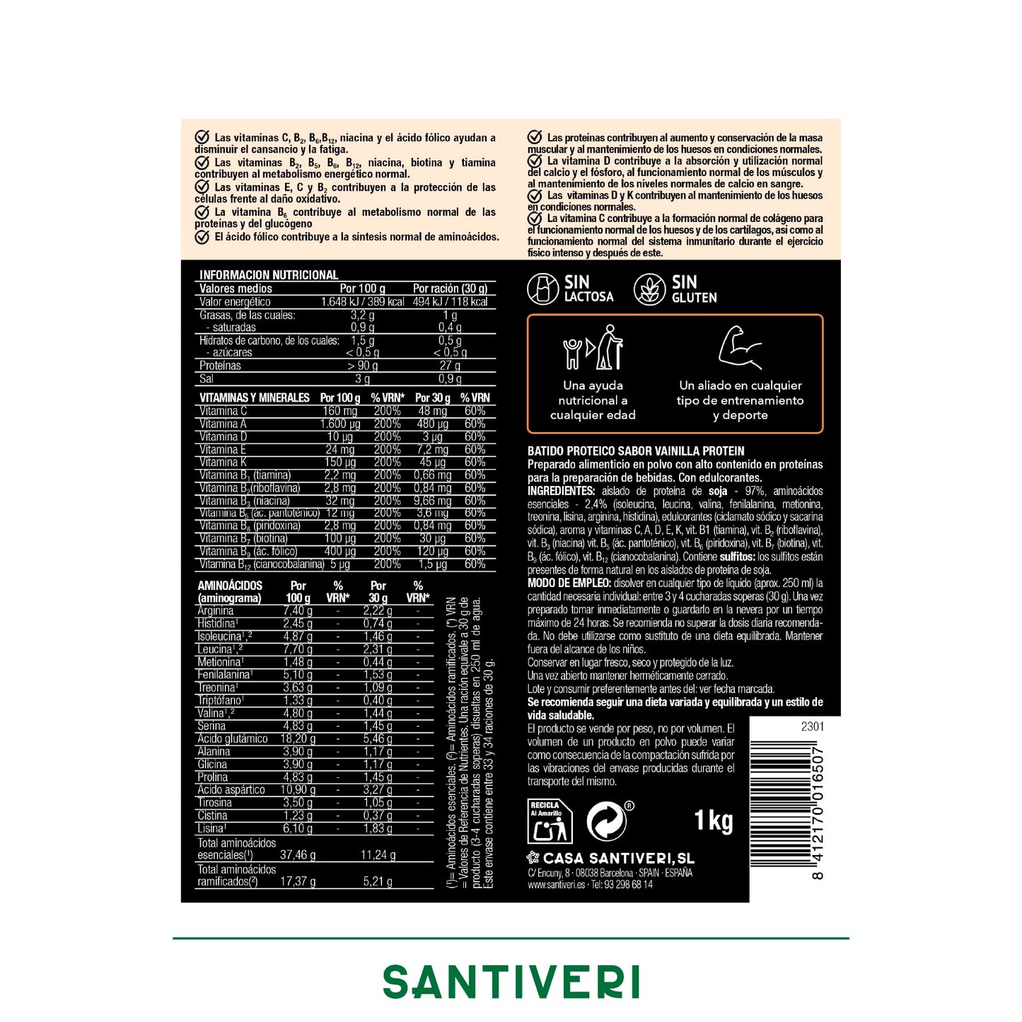 SANTIVERI - Protein-90 Instantáneo en Polvo, Alto Contenido en Proteína a Base de Proteína 100% Vegetal, Aminoácidos y Vitaminas