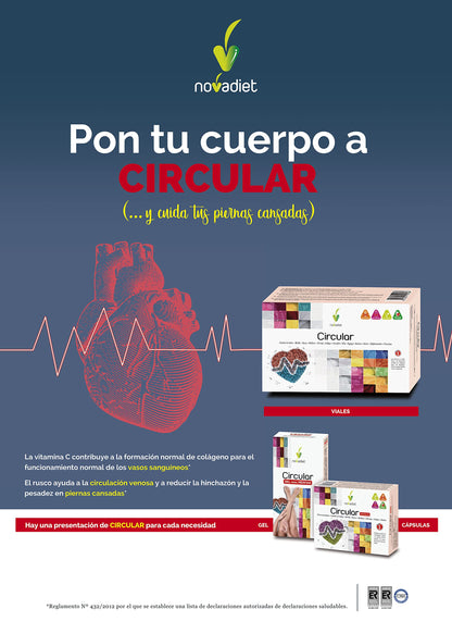Novadiet - Circular Viales con Rusco, Rutina, Mirtilo, Castaño de Indias, Meliloto, Ginkgo, Ayuda a la Circulación Venosa, Reducir la Hinchazón, la Pesadez en Piernas Cansadas - 20 Viales