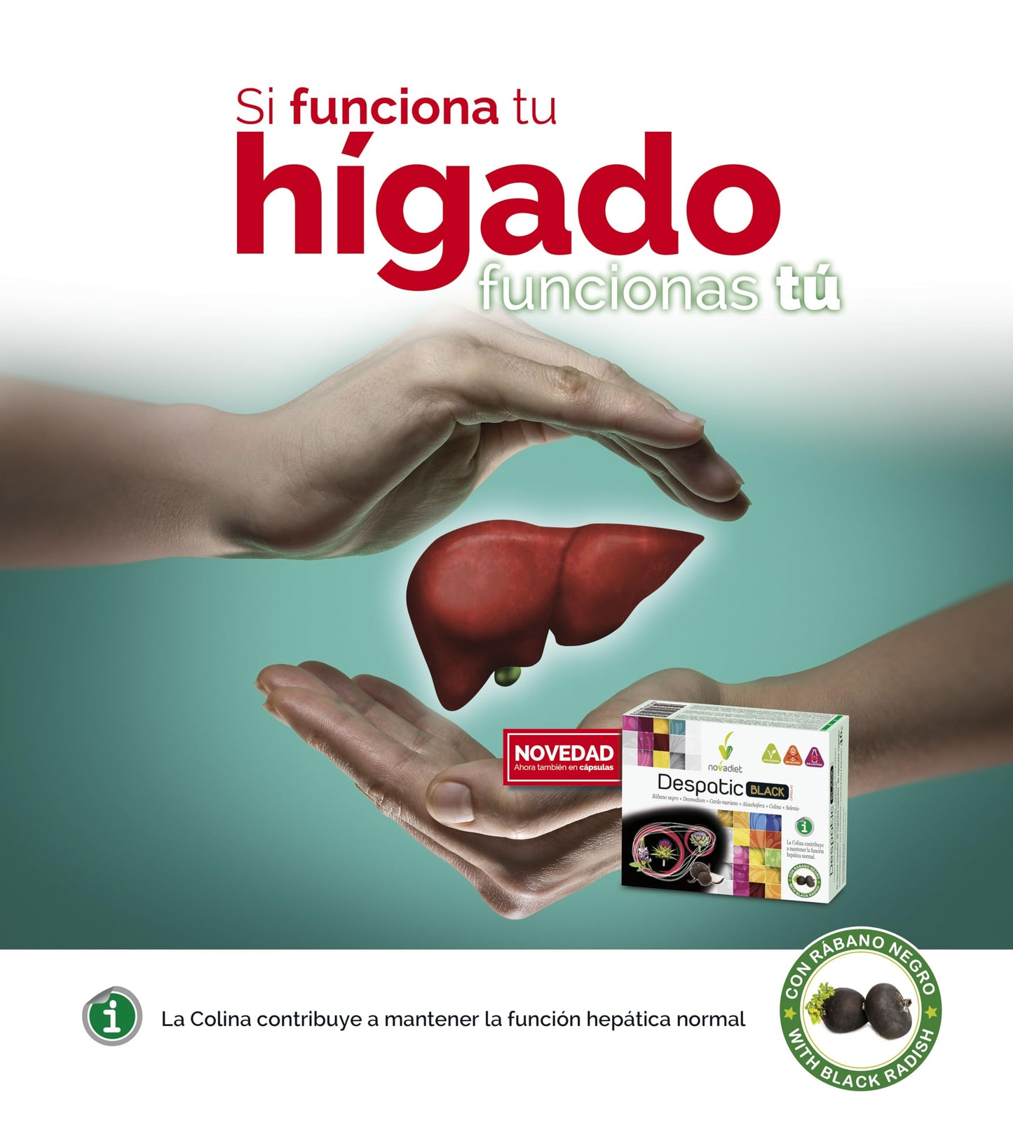 Novadiet - DESPATIC BLACK CÁPSULAS con Rábano Negro, Desmodium, Cardo Mariano, Alcachofera, Colina y Selenio - Apoyo para la Función Hepática y Digestiva - 60 Cápsulas Vegetales