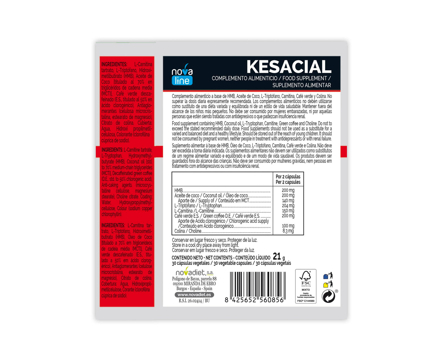 Novadiet - KESACIAL Cápsulas con HMB, Aceite de Coco y Café Verde - Coadyuvante en el Tratamiento del Sobrepeso y la Obesidad - 30 Cápsulas Vegetales