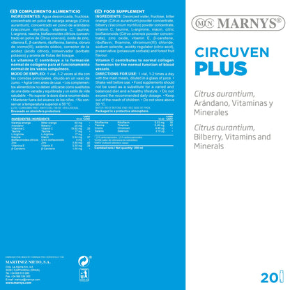Circuven Plus MARNYS, Arándano Azul Útil para la Circulación Venosa, Piernas Más Ligeras, Disminuye la sensación de Piernas Cansadas, 20 Viales bebibles de 10 Ml