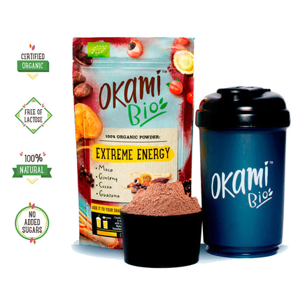 Okami Bio "Extreme Energy" Superfood Powder Mix 200 gr | Mezcla Vegana Orgánica de Maca, Cacao, Guaraná y Jengibre | Te da el mismo impulso que una bebida energética, pero 100% natural.