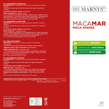 Maca Andina BIO - Macamar - Energía, vitalidad y deseo en la mujer - Para combatir el cansancio y la fatiga - 60 cápsulas vegetales