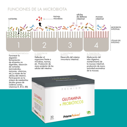 Prisma Natural línea Premium, Glutamina + Probiotico 30 sticks 200g. Son productos aptos para celíacos, intolerantes a la lactosa o sensibles a proteínas lácteas o gluten.