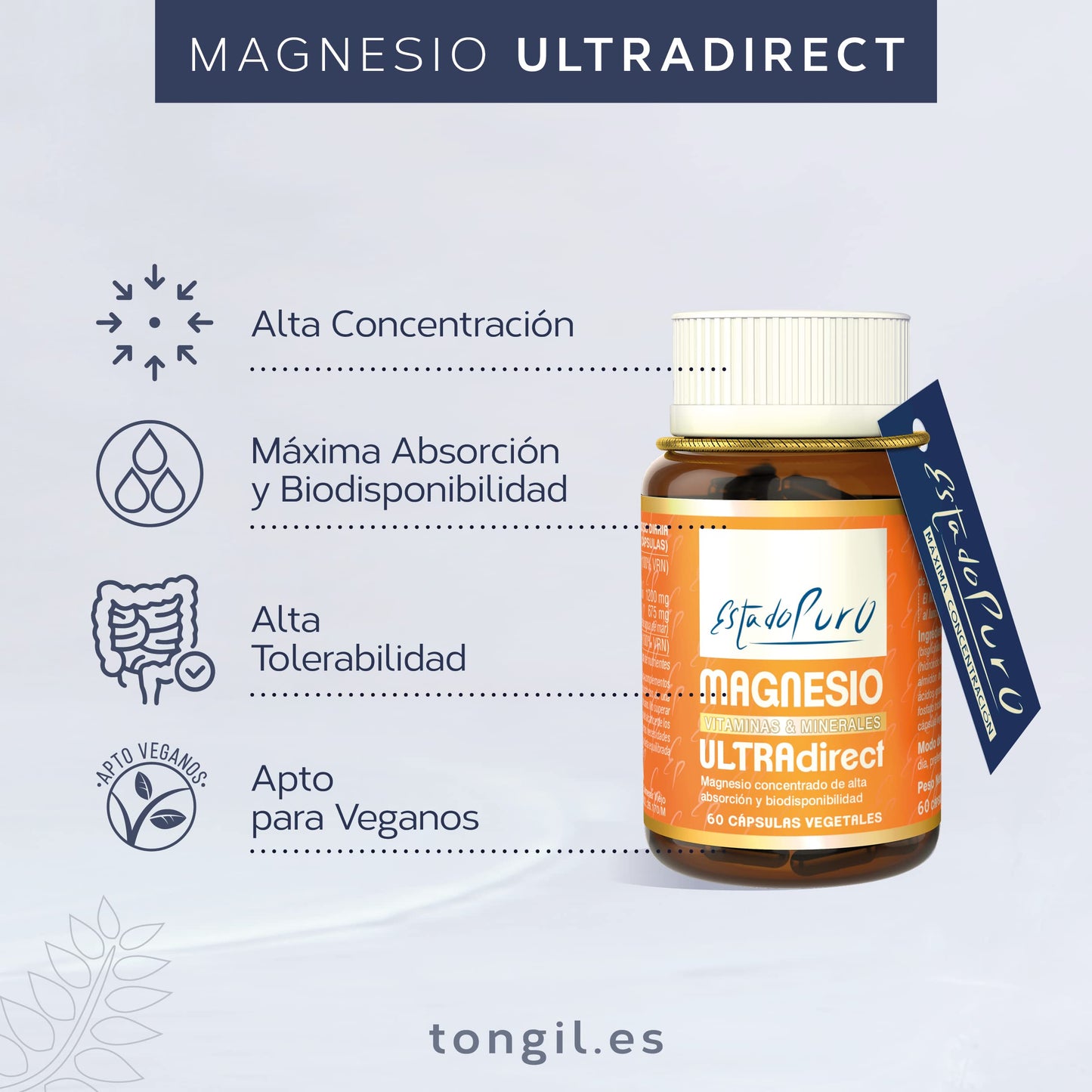 Glicinato de Magnesio Estado Puro | 375 mg de Magnesio Elemental | Bisglicinato de Magnesio 1200mg + Magnesio Marino 675mg | Alta Concentración, Suave para el Estómago, Vegano | 60 Cápsulas TONGIL