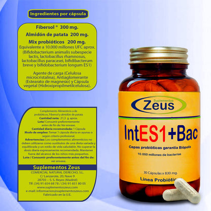INTES1+BAC | Contribuye a equilibrar y regular la microbiota intestinal | Complemento Alimenticio a base de Fibersol®- 2, Probióticos y Almidón de patata | 100% Vegano | 90 Cápsulas Vegetales