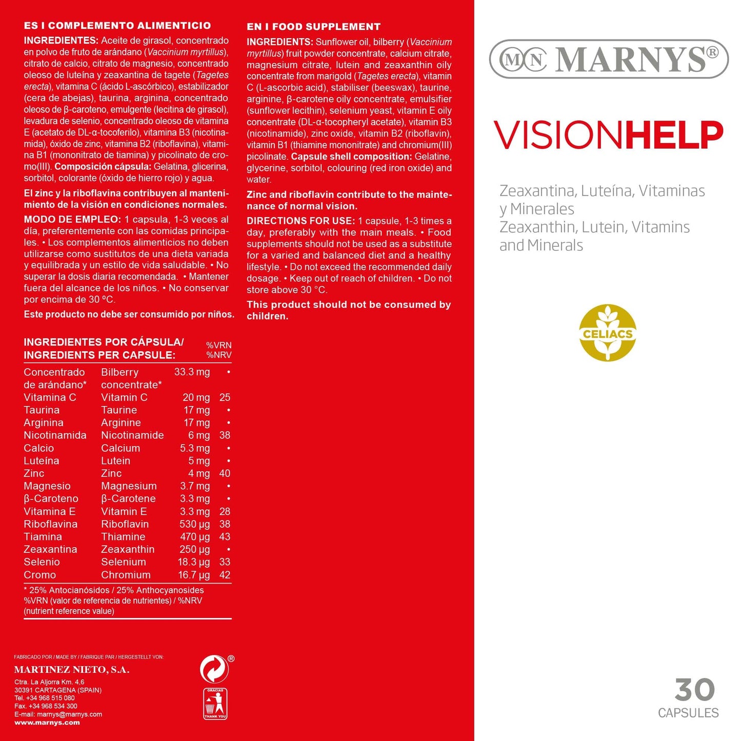 Marnys Visionhelp - Arándano, Luteína+Zeaxantina, Vitaminas y Minerales - Ayudan a la Salud Visual - 30 cápsulas 0