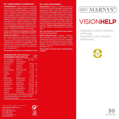 Marnys Visionhelp - Arándano, Luteína+Zeaxantina, Vitaminas y Minerales - Ayudan a la Salud Visual - 30 cápsulas 0